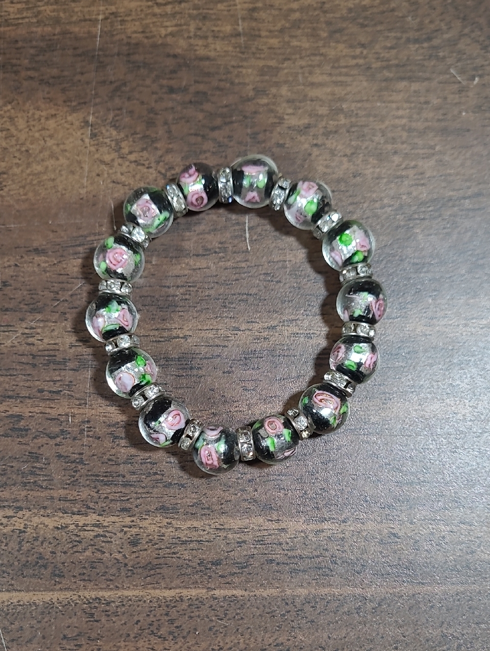Glass Bead Stretch Bracelet with Pink Rose Accents